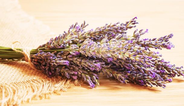 Lavender essential oil in a small bottle. Selective focus.