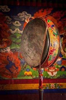 Gong (drum) in Spituk gompa (Tibetan Buddhist monastery). Ladadkh, India