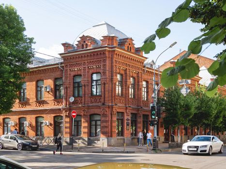 KRASNODAR, RUSSIA - June 02, 2021. Old house of general I.K. Nazarov built of red bricks at 19 cent. Architectural landmark.
