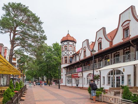 SVETLOGORSK, RUSSIA - July 21, 2019. Local people and tourists walk on Central square of Svetlogorsk, ex-Rauschen.