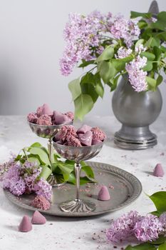 Belgian sweets cuberdon and pralines in silver glasses, spring still life,lilac . High quality photo