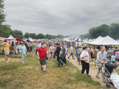 MOSCOW, RUSSIA - June 12, 2019. Local people and tourists on annual festival Times and Epochs. Historical reconstruction.