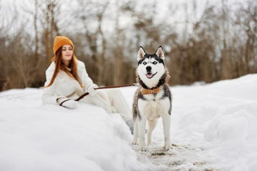 Happy young woman in the snow playing with a dog outdoors friendship fresh air. High quality photo
