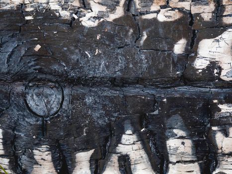 Burned wooden planks. Texture of white colored board after fire. Flame damaged wooden background.