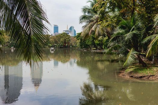 BANGKOK, THAILAND - October 23, 2012. Downtown skyscrapers over pond in Lumpini park. Daylight view over pond in recreation park.