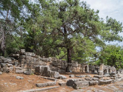 Agora, ruined market square in ancient Phaselis city. Famous architectural landmark in Turkey.