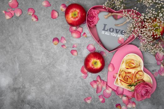 valentine's day rose apple pie, mother's day homemade cake, heart shaped pink. High quality photo