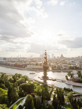MOSCOW, RUSSIA - June 14, 2021. Panorama of Moscow at sunset - monument to Peter the Great, Bolotnaya and Prechistanskaya embankment.