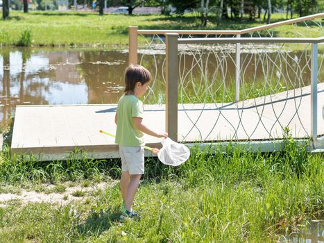 Curious kid walks outdoors with butterfly net. Summer leisure activity for children. Insect hunting.