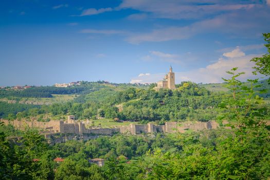 Beautiful landscape view of the ancient fortress in the old town of Veliko Tarnovo, Bulgaria, in sunny weather