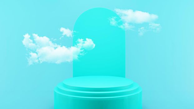 Background 3d blue rendering with podium and minimal cloud blue scene