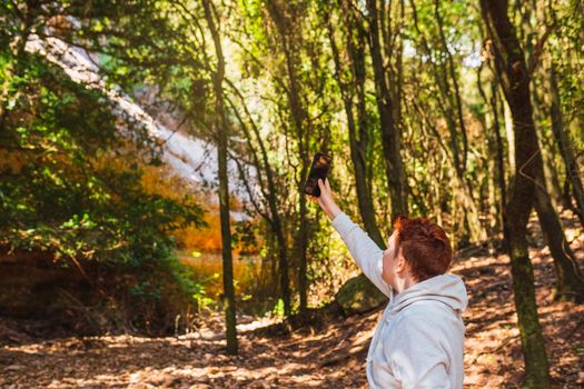 young woman taking a photo with her cell phone, of forest landscape. young woman on a trip. hiker in nature. woman walking in nature. background of a lush forest, with green plants illuminated by sun rays.