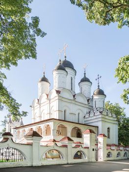 Bolshye Vyazemy, Russia - May 28, 2018. Main building of orthodox Transfiguration Church, religious landmark in Moscow area.
