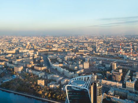 MOSCOW, RUSSIA - October 07, 2021. Panorama view of Dorogomilovo district from Moscow-city business center at sunset.