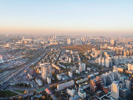 MOSCOW, RUSSIA - October 07, 2021. Panorama view of Khoroshyovsky District from Moscow-city business center at sunset.
