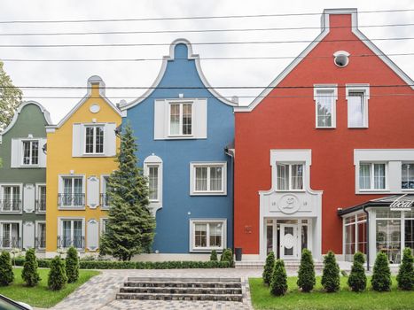 SVETLOGORSK, RUSSIA - July 21, 2019. Colorful buildings of boutique-hotel spa Madame L in European style of modern architecture.