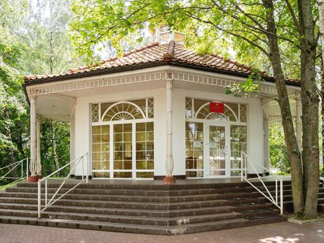 SVETLOGORSK, RUSSIA - July 21, 2019. White building of buvette or pump room with drinking water.