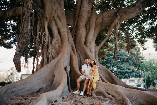 A young woman in a hat and a yellow dress hugs with her boyfriend with a beard on a root of an old Valencian Ficus Macrophylla tree in Spain. A couple of tourists are exploring Valencia in the evening