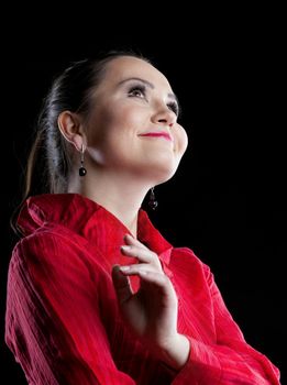 casual woman in red suit smile and dream