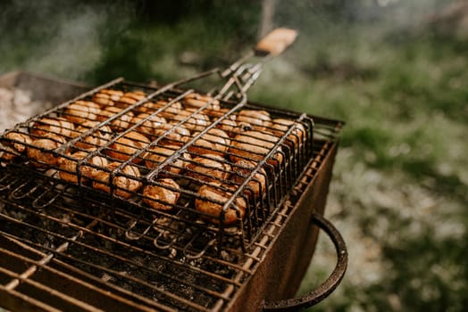 white identical small round mushrooms champignons stacked in even rows in a barbecue on the grill. Green grass background. Summer. White smoke over baked vegetables.