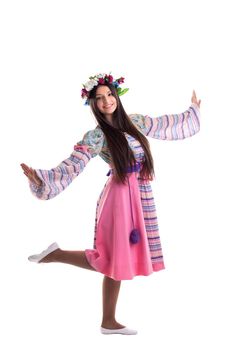 young girl with garland in traditional russian costume isolated