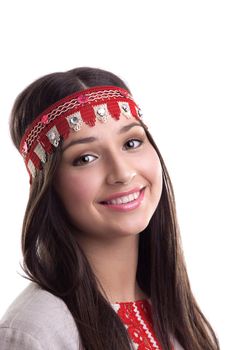 Portrait of young beauty girl in flax cloth with lace