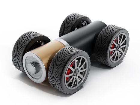Wheels and tires connected to AA battery. 3D illustration.