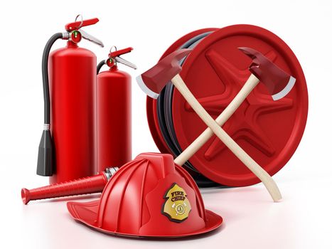 Fireman hat, hose, extinguishers isolated on white background 3D illustration