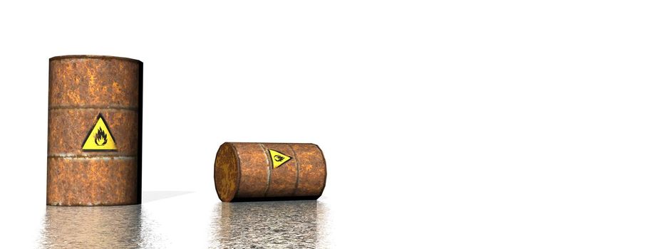 Two rusty barrels with inflammable logo in white background - 3D render