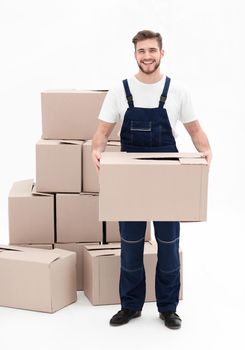 Worker supplies boxes, isolated, white background.