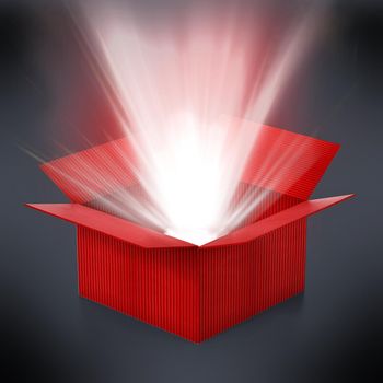 Red cardboard box with glowing light ray standing out. 3D illustration.