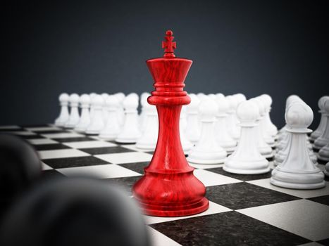 Red chess king standing between white and black pawns. 3D illustration.