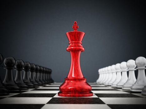 Red chess king standing between white and black pawns. 3D illustration.