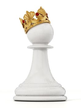 White chess pawn with golden crown. 3D illustration.