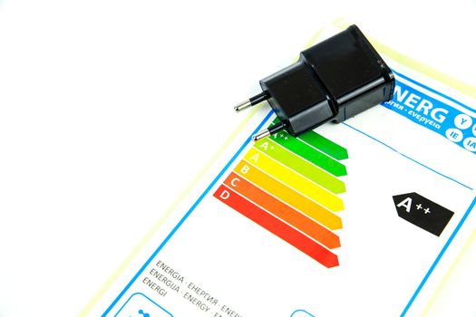 European Union Energy Label next to black pin power plug