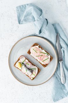 Savory smorrebrod, two traditional Danish sandwiches. Black rye bread with anchovy, radish, eggs, cream cheese on a grey plate on white stone table, vertical, top view