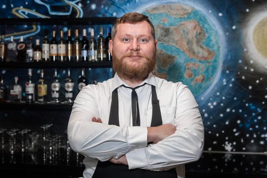 Bearded Adult Caucasian Looking Professional Bartender Portrait in Nightclub.