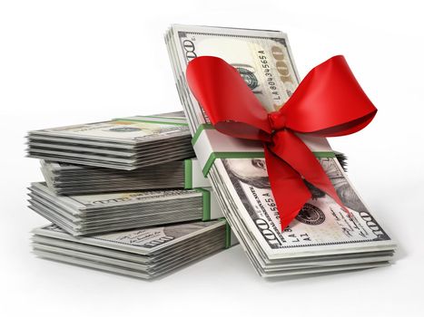 100 dollar money bills with red ribbon. Business and success concept. 3D illustration.