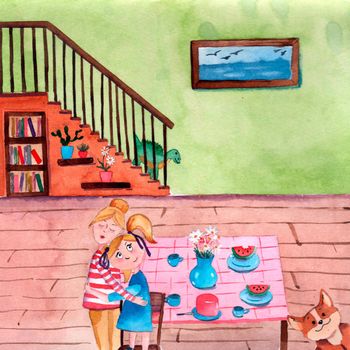 Happy Family Cooking at Home, Mother, and Little Daughter on Kitchen Background Using Different Tools for Food Preparing, Family Spare Time Together on Weekend. Handdrawn watercolor Illustration.