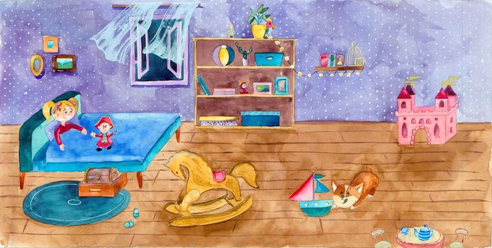 Calm little cute girl is sleeping in bed and playing with her toys: pirate, wooden horse, castle. Beautiful child is peacefully dreaming in her cute bedroom. Watercolor illustration.