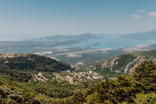 Beautiful nature mountains landscape. Kotor bay, Montenegro. Views of the Boka Bay, with the cities of Kotor and Tivat with the top of the mountain, Montenegro.