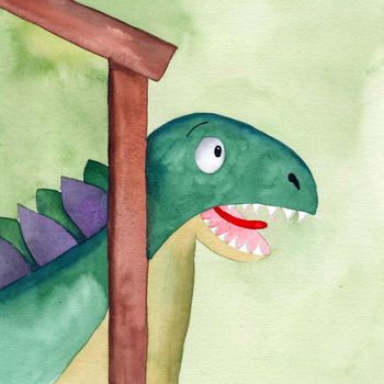 Green dinosaur on the stair. Cartoon tyrannosaur. Watercolor illustrationon green background.