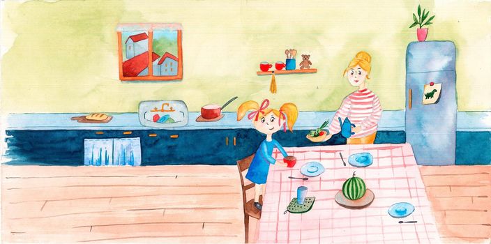 Cheerful mom and daughter cook together at home in the kitchen. The concept of happy motherhood and joint activities with children.