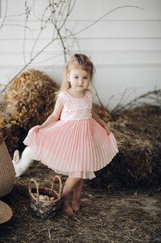 Front view of beautiful girl wearing pink dress and hay hat keeping basket with little chick. Cute female child looking aside and smiling while walking in garden in village. Concept of childhood.