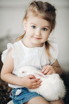 Portrait of little cute kid with braids on head looking at camera. Adorable small girl in casual clothes holding her fluffy sleepy pet on khees. Happy pretty child touching white rabbit and playing.
