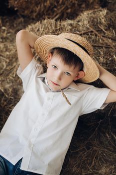 View from above of cool boy wearing hay hat and white shirt lying on hay and resting in village. Little child looking at camera and smiling while enjoying hot summer and holiday. Concept of farm.