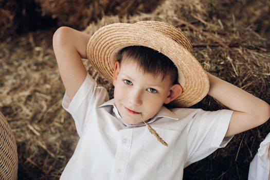 View from above of cool boy wearing hay hat and white shirt lying on hay and resting in village. Little child looking at camera and smiling while enjoying hot summer and holiday. Concept of farm.