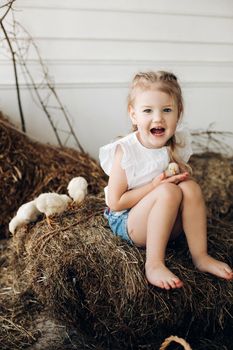 Selective focus of lovely girl with big beautiful eyes looking at camera while keeping little chick in hands. Cute child smiling and posing while resting in village. Concept of childhood and animals.