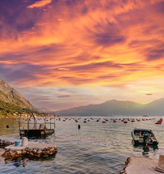 Fishing boat on an oyster farm in the Bay of Kotor, Montenegro. High quality photo.