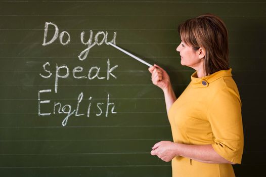 side view teacher explaining chalkboard